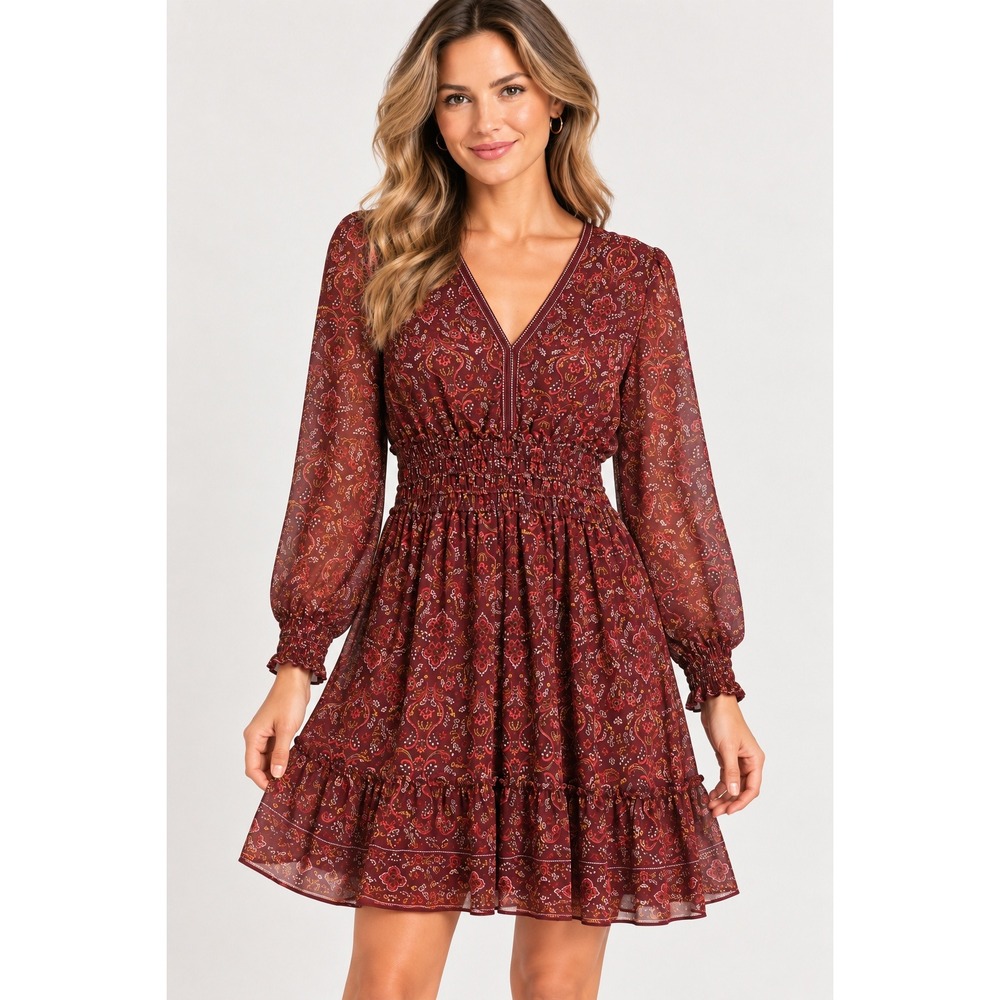 Max Studio Burgundy Paisley Boho Smocked Waist Sheer Sleeve Mini Dress M NEW